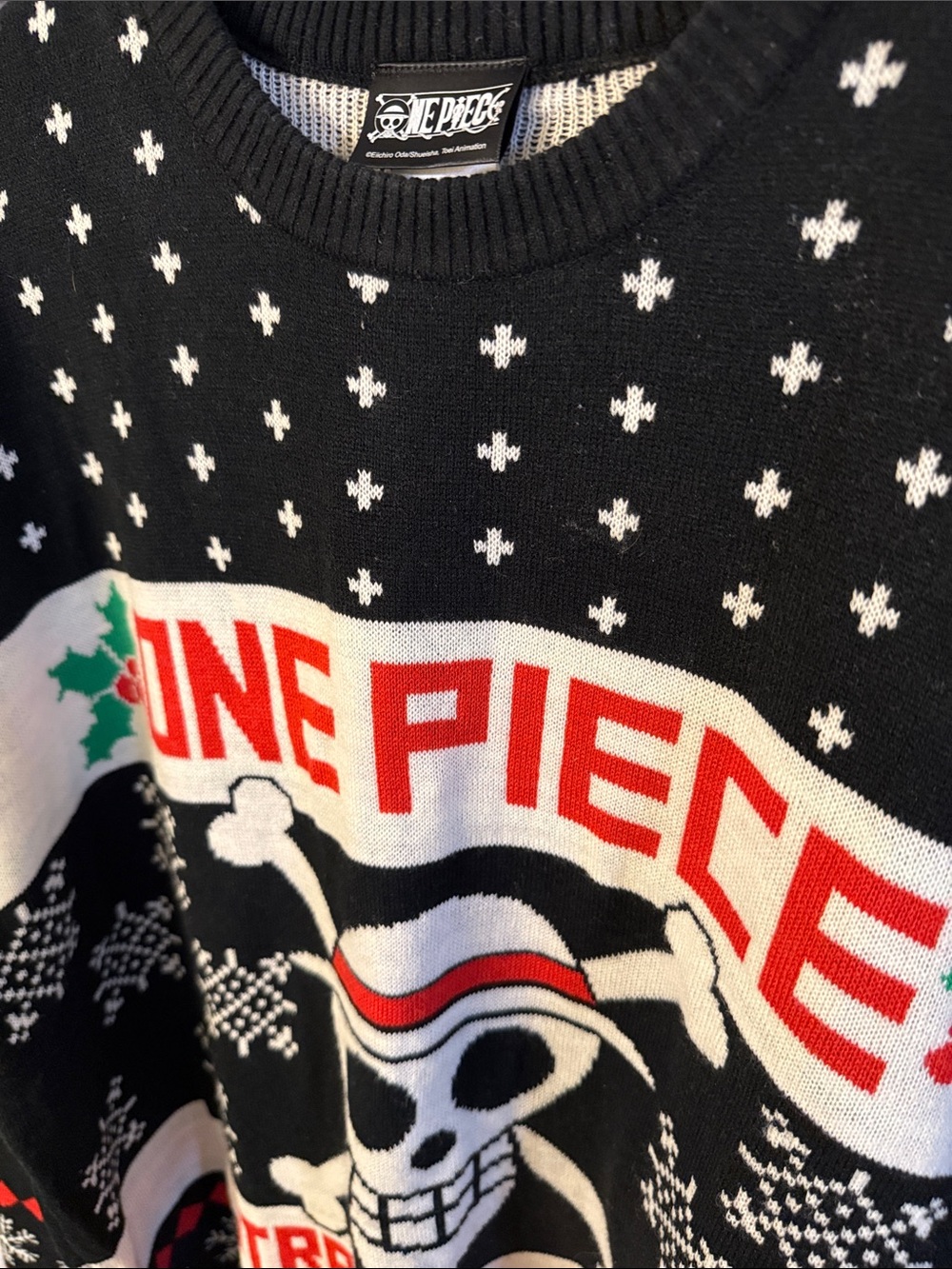 One Piece Black, White & Red Graphic Crewneck Holiday Sweater